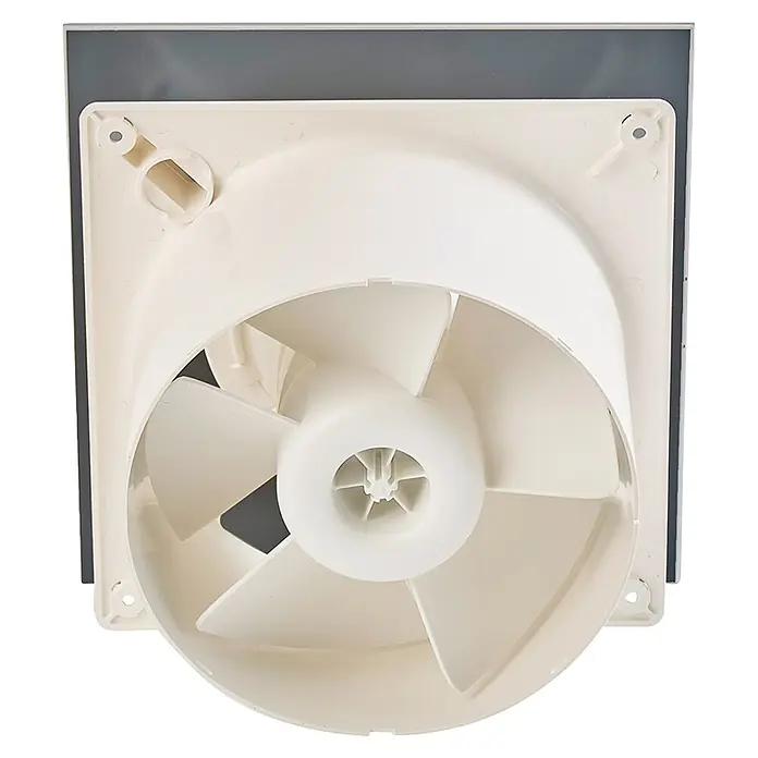 Cata Extractor mural E-100 G BK - Negro, 9,8 mm, Potencia de aire: 115 m³/h - Vista trasera de un ventilador de extracción de plástico blanco con cuatro aspas y marco cuadrado gris oscuro.