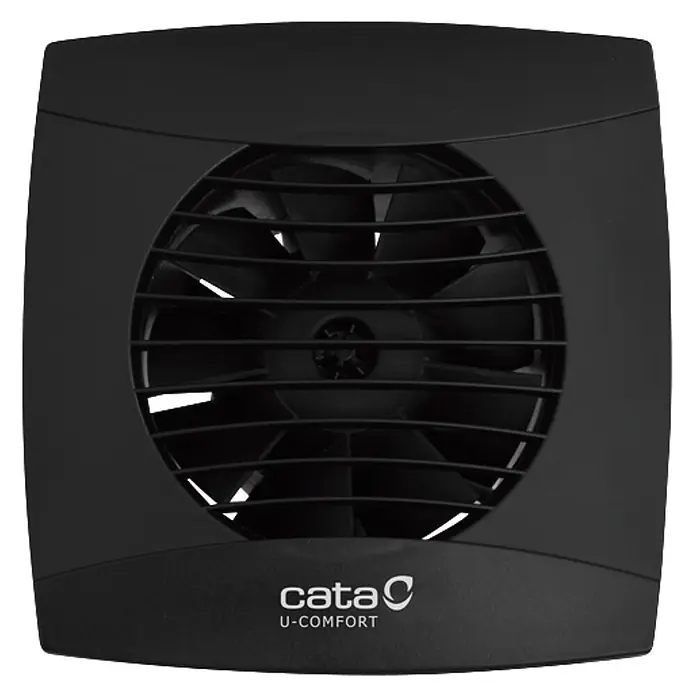 Cata Extractor mural UC-10 STD - Negro, 10 cm, Potencia de aire: 110 m³/h - Extractor de aire cuadrado de plástico negro con rejilla circular y aspas visibles. Serie Cata U-Comfort.