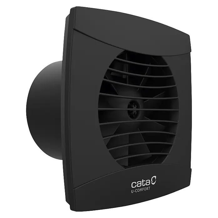 Cata Extractor mural UC-10 STD - Negro, 10 cm, Potencia de aire: 110 m³/h - Extractor de aire cuadrado negro con conducto circular, rejilla protectora y marca 'cata U-COMFORT'.