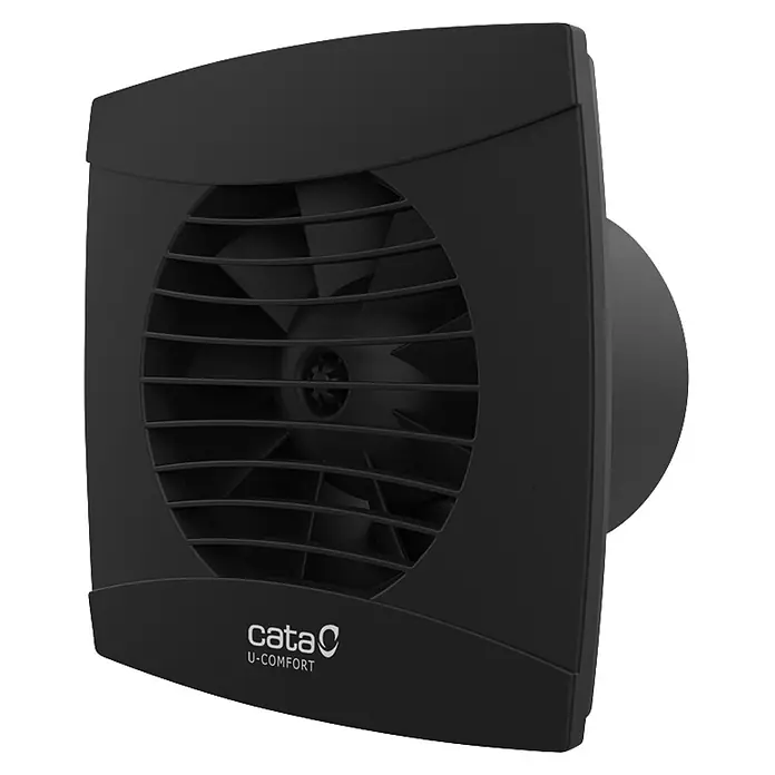 Cata Extractor mural UC-10 STD - Negro, 10 cm, Potencia de aire: 110 m³/h - Ventilador de extracción cuadrado negro con aspas visibles detrás de una rejilla, con la marca "cata C U-COMFORT".