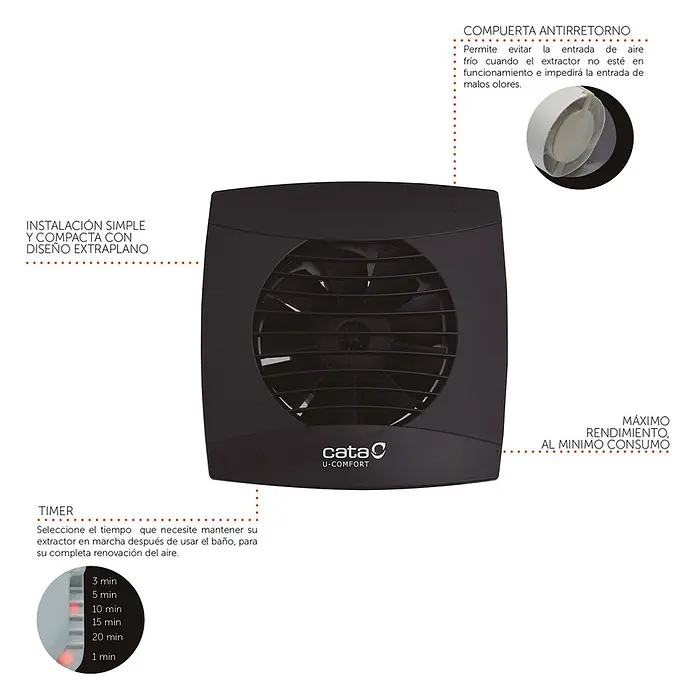 Cata Extractor mural UC-10 STD - Negro, 10 cm, Potencia de aire: 110 m³/h - Un extractor de aire cuadrado negro con rejilla visible y el logo 'cata U-COMFORT'.
