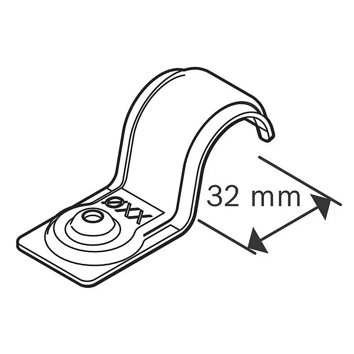Bosch Professional Kabelhalter Pro EMS - Durchmesser: 32 mm, 100 Stk. - Strichzeichnung einer 32 mm Rohrschelle mit Befestigungsloch.