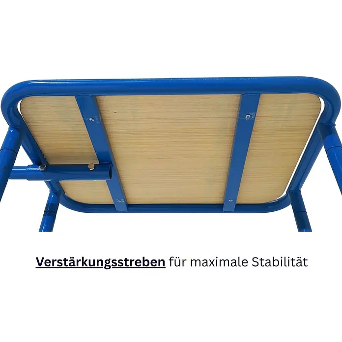 Proregal Transportroller Griffroller 2 Ebenen - Traglast: 250 kg - Blaue Metall- und Holz-Tisch-/Bankunterseite mit Verstärkungsstreben für Stabilität.