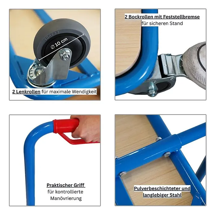 Proregal Transportroller Griffroller 2 Ebenen - Traglast: 250 kg - Blauer Transportroller mit Holzplatte, 2 Lenk- und 2 Bremsrollen, rotem Griff und pulverbeschichtetem Stahlrahmen.
