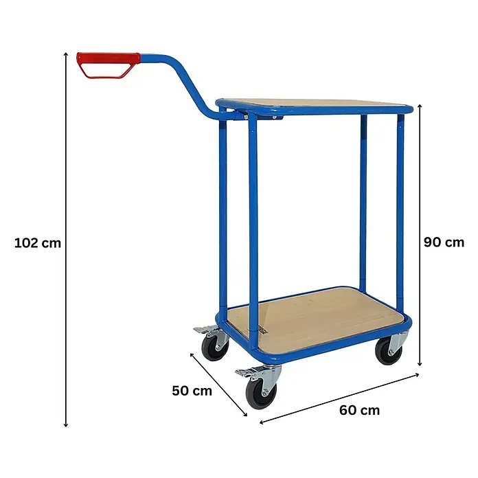 Proregal Transportroller Griffroller 2 Ebenen - Traglast: 250 kg - Blauer und roter zweistöckiger Servierwagen mit Holzablagen, 102 cm hoch, 60x50 cm, auf Rollen.