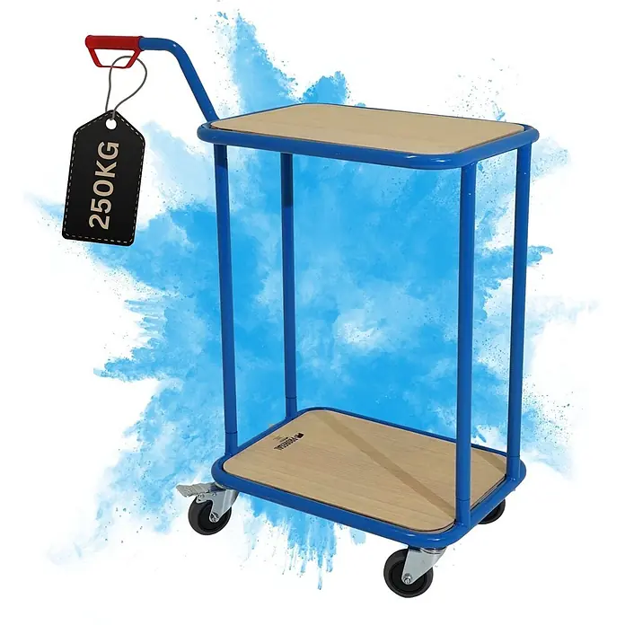 Proregal Transportroller Griffroller 2 Ebenen - Traglast: 250 kg - Blauer Metallwagen mit zwei Holzablagen, Lenkrollen und 250KG Tragkraft-Etikett.