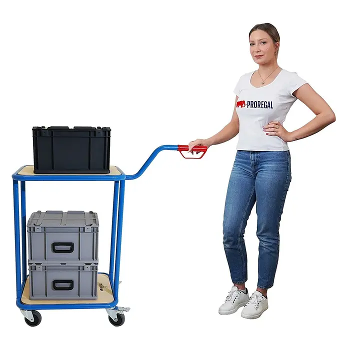 Proregal Transportroller Griffroller 2 Ebenen - Traglast: 250 kg - Frau schiebt einen blauen zweistöckigen Rollwagen mit Holzablagen, beladen mit schwarzen und grauen Lagerkisten.