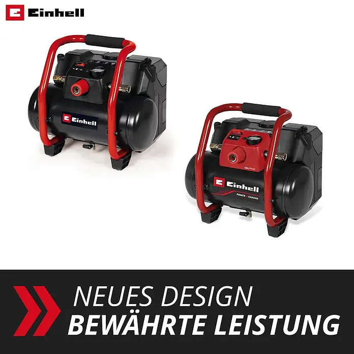 Einhell Power X-Change 18V Akku-Kompressor TE- AC 36/150 Li OF-Solo - 36 V, Ohne Akku, 8 bar - Zwei Einhell Luftkompressoren, schwarz mit roten Schutzrahmen, zeigen alte und neue Designs.