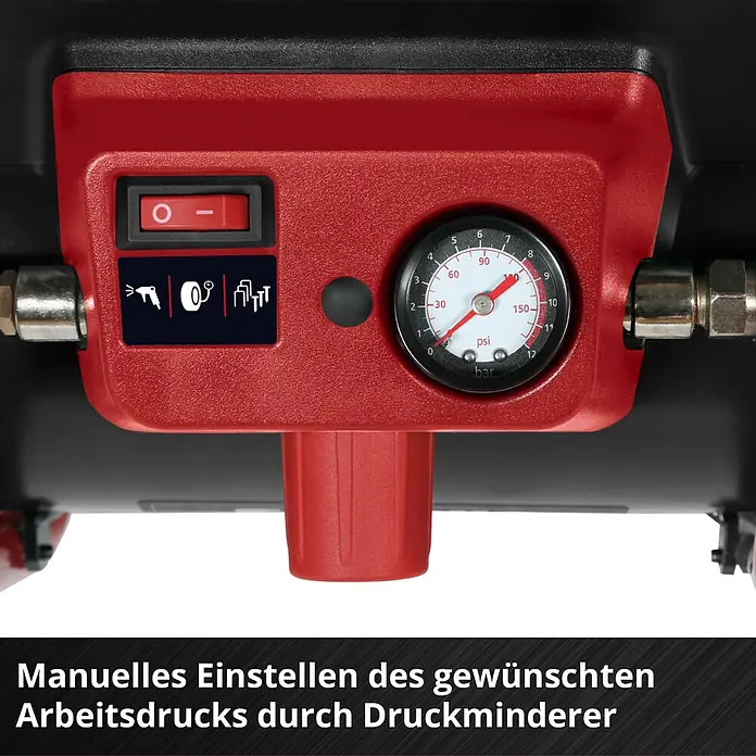 Einhell Power X-Change 18V Akku-Kompressor TE- AC 36/150 Li OF-Solo - 36 V, Ohne Akku, 8 bar - Rotes Kompressor-Bedienfeld mit Netzschalter, Anwendungssymbolen, Druckmanometer (PSI/Bar) und schwarzem Einstellknopf.