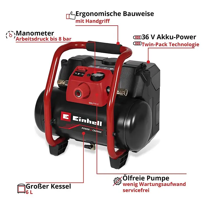 Einhell Power X-Change 18V Akku-Kompressor TE- AC 36/150 Li OF-Solo - 36 V, Ohne Akku, 8 bar - Roter und schwarzer Akku-Kompressor mit 6L Kessel, ergonomischem Griff und Manometer.
