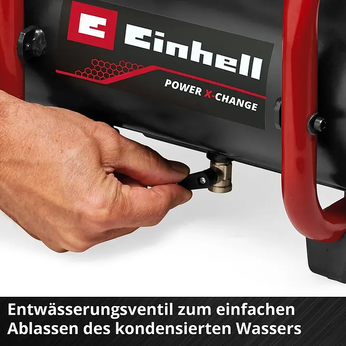 Einhell Power X-Change 18V Akku-Kompressor TE- AC 36/150 Li OF-Solo - 36 V, Ohne Akku, 8 bar - Hand öffnet Messing-Ablassventil an schwarzem Gerät, um Kondenswasser abzulassen.