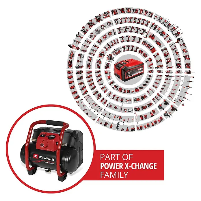 Einhell Power X-Change 18V Akku-Kompressor TE- AC 36/150 Li OF-Solo - 36 V, Ohne Akku, 8 bar - Roter und schwarzer Einhell Power X-Change Akku-Kompressor, Teil einer großen Werkzeugfamilie.