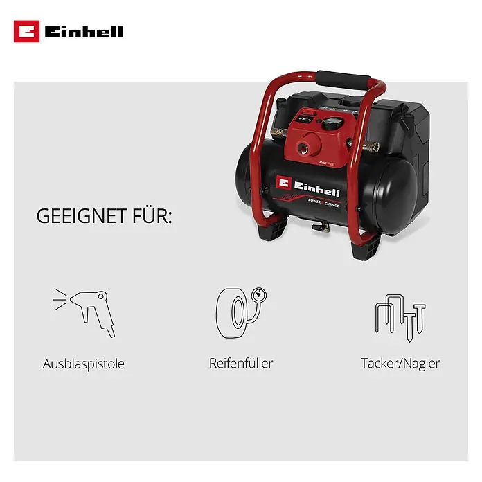 Einhell Power X-Change 18V Akku-Kompressor TE- AC 36/150 Li OF-Solo - 36 V, Ohne Akku, 8 bar - Roter und schwarzer Einhell Druckluftkompressor (oilfree), geeignet für Ausblaspistole, Reifenfüller und Tacker/Nagler.