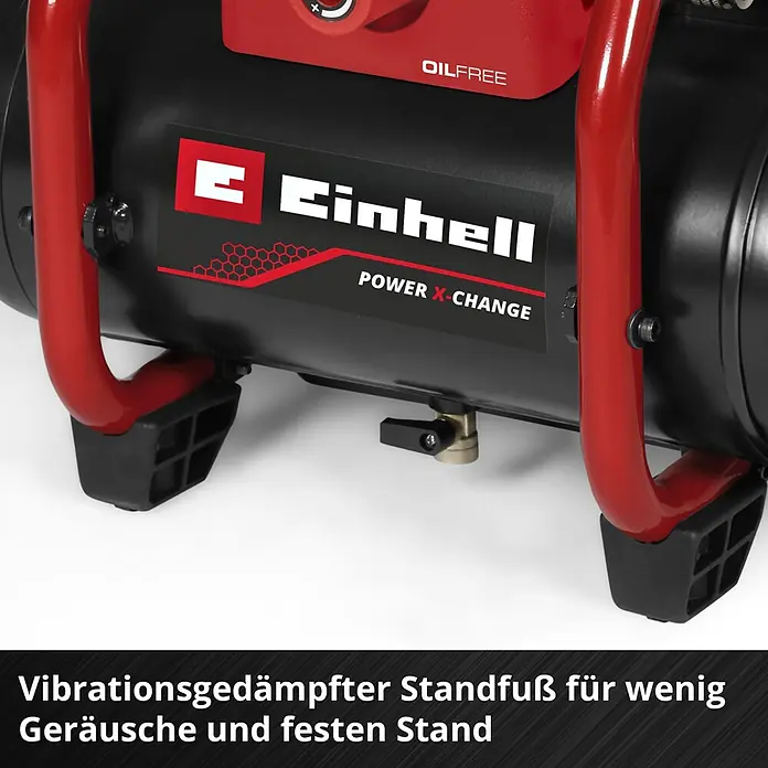 Einhell Power X-Change 18V Akku-Kompressor TE- AC 36/150 Li OF-Solo - 36 V, Ohne Akku, 8 bar - Schwarzer Einhell Kompressor mit rotem Rahmen und schwarzen, vibrationsdämpfenden Gummifüßen.
