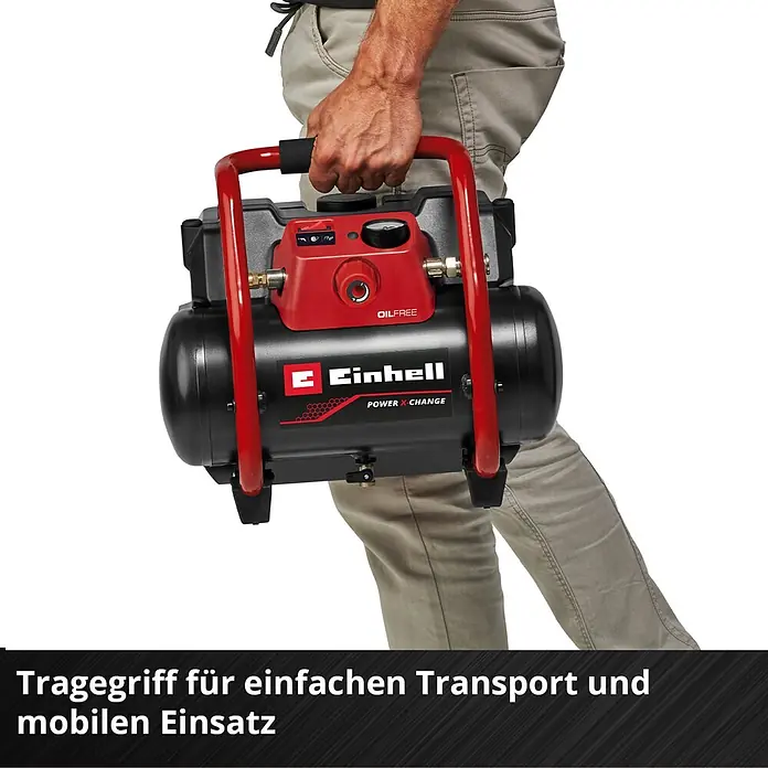 Einhell Power X-Change 18V Akku-Kompressor TE- AC 36/150 Li OF-Solo - 36 V, Ohne Akku, 8 bar - Roter und schwarzer Einhell Kompressor mit rotem Tragegriff, von einer Person getragen. Für einfachen Transport.