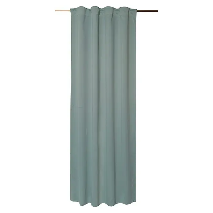 Elbersdrucke Verdunkelungsvorhang Midnight - 140 x 255 cm, 100 % Polyester, Mint - Eine einzelne, hellblaue Vorhangtafel hängt an einer goldenen Stange und ist eine elegante Fensterdekoration.