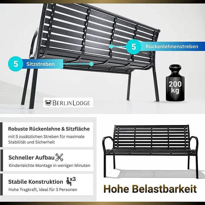 Berlinlodge Gartenbank MYKONOS 3-Sitzer - Pulverbeschichtet, Schwarz - Schwarze Metall-Gartenbank mit 5 Sitz- und Rückenlehnenstreben, belastbar bis 200 kg für 3 Personen und schneller Montage.