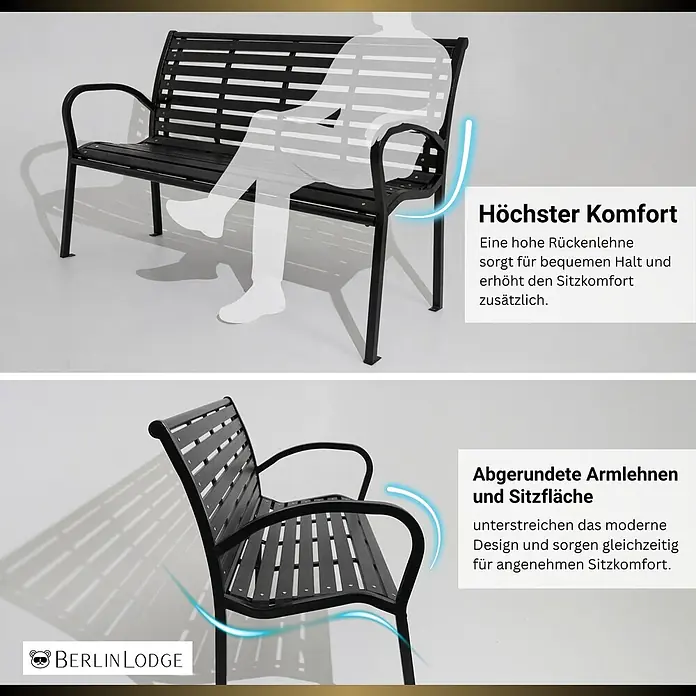 Berlinlodge Gartenbank MYKONOS 3-Sitzer - Pulverbeschichtet, Schwarz - Schwarze Metallparkbank mit hoher Rückenlehne und abgerundeten Armlehnen für maximalen Komfort.