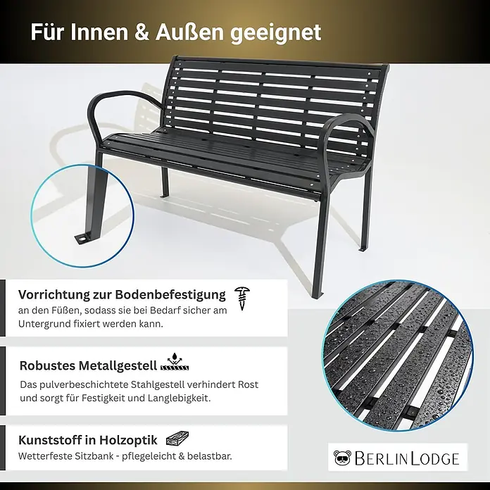 Berlinlodge Gartenbank MYKONOS 3-Sitzer - Pulverbeschichtet, Schwarz - Schwarze Parkbank mit pulverbeschichtetem Metallgestell und wetterfesten Kunststofflatten in Holzoptik. Für Innen & Außen geeignet, mit Bodenbefestigung.