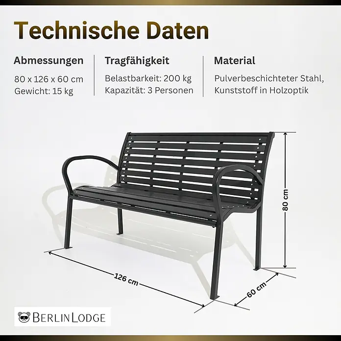 Berlinlodge Gartenbank MYKONOS 3-Sitzer - Pulverbeschichtet, Schwarz - Schwarze Bank aus pulverbeschichtetem Stahl und Kunststoff in Holzoptik, 80x126x60cm, 200kg Tragkraft für 3 Personen.