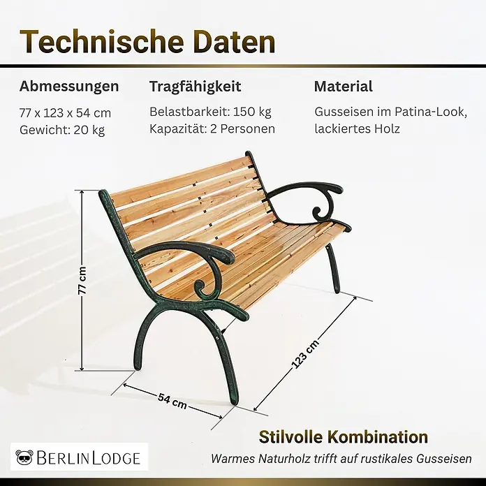 Berlinlodge Gartenbank MADEIRA 2-Sitzer - Lackiert|Pulverbeschichtet, Natur - Gartenbank mit dunkelgrünem Gusseisengestell und Holzlatten in Naturholzoptik.
