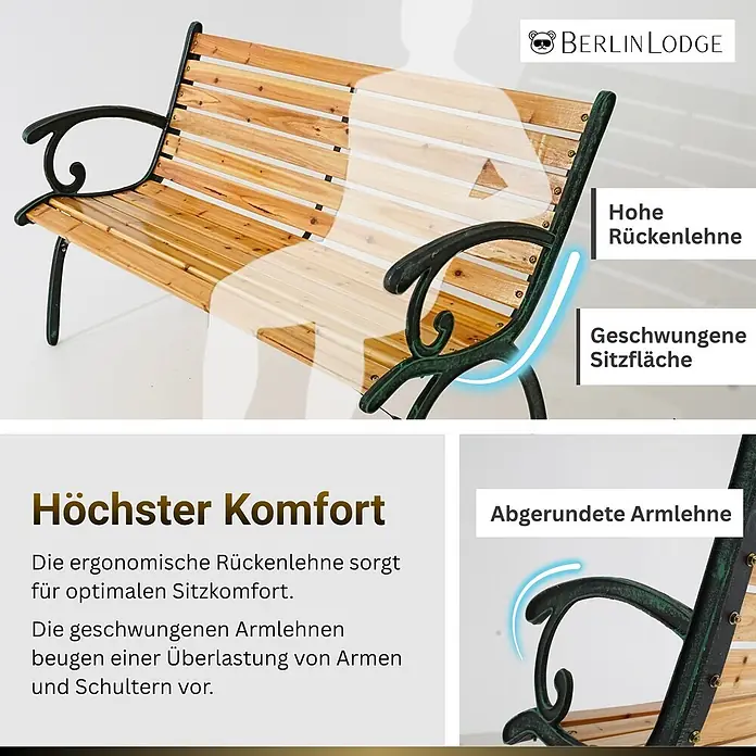 Berlinlodge Gartenbank MADEIRA 2-Sitzer - Lackiert|Pulverbeschichtet, Natur - Gartenbank aus Holzlatten und dunklem Metallrahmen mit hoher Rückenlehne, geschwungener Sitzfläche und abgerundeten Armlehnen für optimalen Komfort.