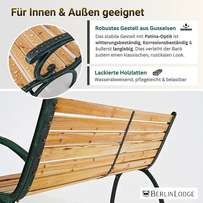 Berlinlodge Gartenbank MADEIRA 2-Sitzer - Lackiert|Pulverbeschichtet, Natur - Gartenbank mit dunkelgrünem Gusseisengestell und hellbraunen Holzlatten, für Innen- und Außenbereich geeignet.