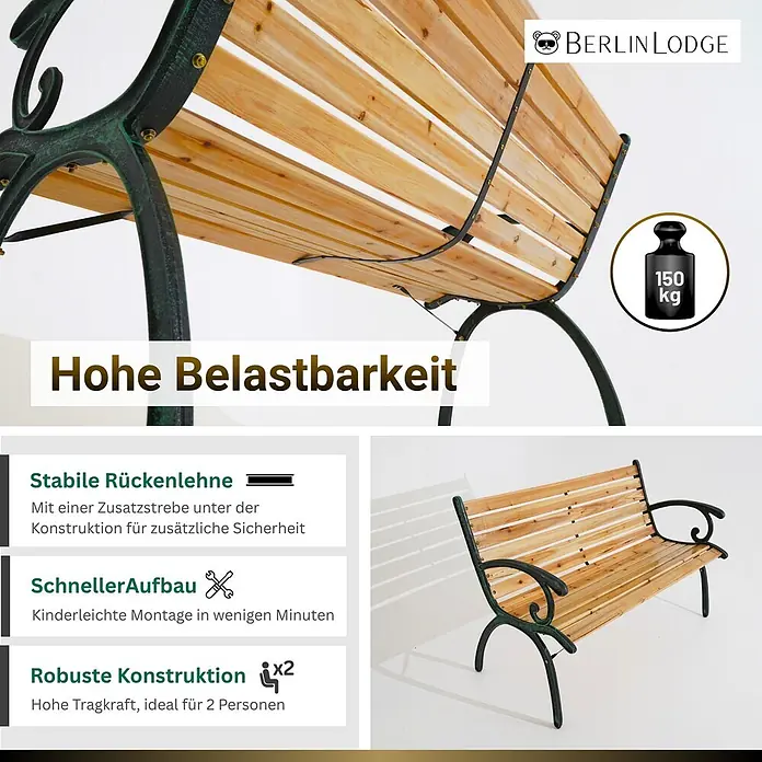 Berlinlodge Gartenbank MADEIRA 2-Sitzer - Lackiert|Pulverbeschichtet, Natur - Eine robuste Gartenbank mit hellen Holzlatten und einem dunklen, verzierten Metallgestell mit grüner Patina.