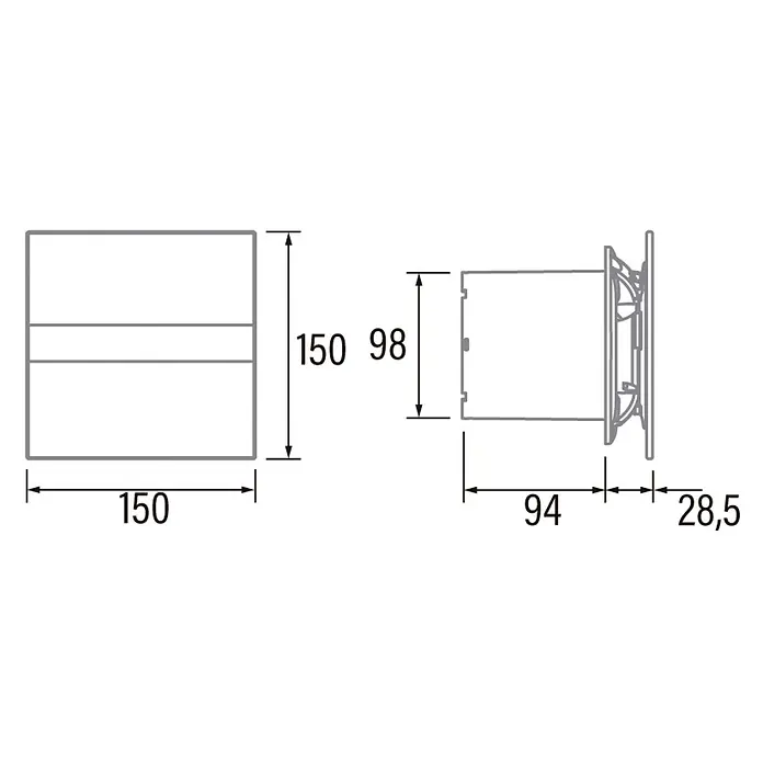 Cata Extractor mural E-100 G BK - Negro, 9,8 mm, Potencia de aire: 115 m³/h - Dibujo técnico de unidad de ventilación cuadrada, frente 150x150mm, profundidad 94mm más 28,5mm para montaje, altura 98mm.