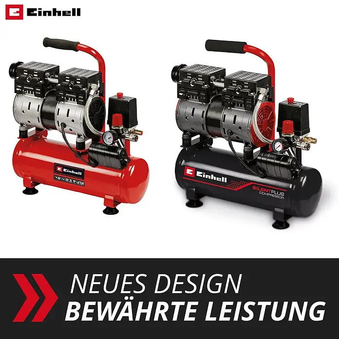 Einhell Expert Plus Flüsterkompressor TE-AC 6 Silent - Max. Druck: 8 bar, 6 l - Zwei tragbare Luftkompressoren: ein rotes Modell und ein schwarzer SilentPlus Kompressor, beide mit Manometern und Griffen.