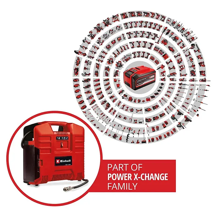 Einhell Power X-Change 18V Akku-Kompressor TE-AC 36/8 Li OF Set-Solo - 18 V, Ohne Akku, 8 bar - Roter Einhell Luftkompressor mit Schlauch, Teil der umfangreichen Einhell Power X-Change Akku-Werkzeugfamilie.