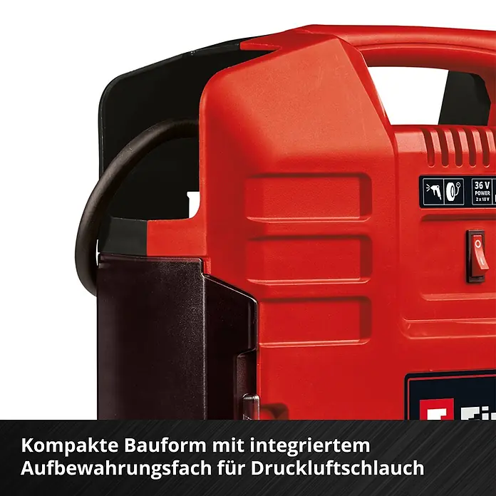 Einhell Power X-Change 18V Akku-Kompressor TE-AC 36/8 Li OF Set-Solo - 18 V, Ohne Akku, 8 bar - Roter und schwarzer Akkukompressor mit integriertem Staufach für den Druckluftschlauch.