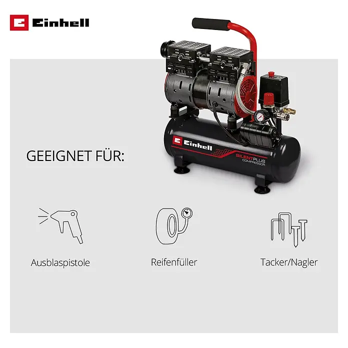 Einhell Expert Plus Flüsterkompressor TE-AC 6 Silent - Max. Druck: 8 bar, 6 l - Ein schwarzer Einhell Silentplus Kompressor, geeignet für Ausblaspistole, Reifenfüller und Tacker/Nagler.