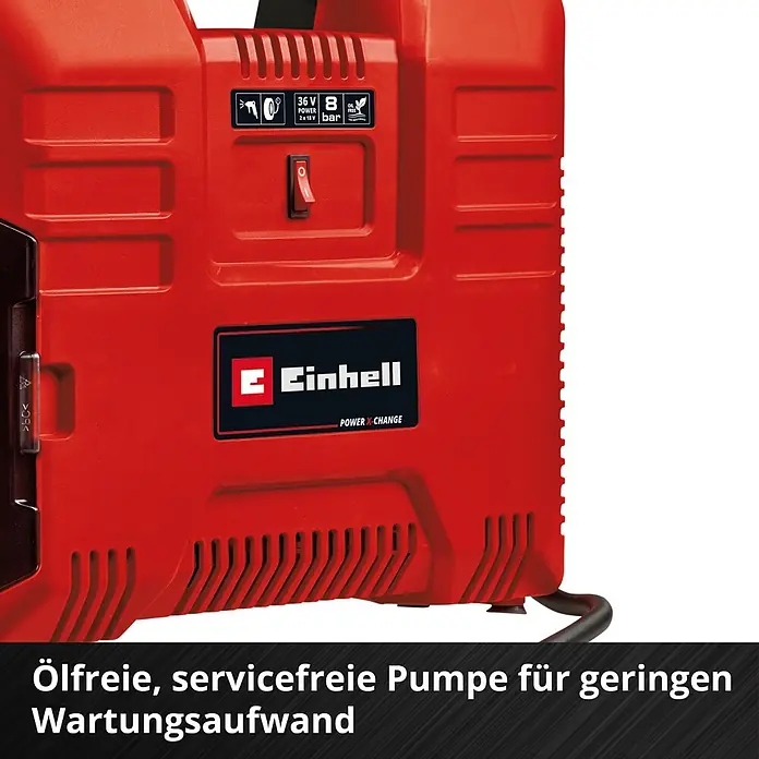 Einhell Power X-Change 18V Akku-Kompressor TE-AC 36/8 Li OF Set-Solo - 18 V, Ohne Akku, 8 bar - Roter Einhell Power X Change Kompressor, 36V, 8 Bar, mit ölfreier, wartungsarmer Pumpe.