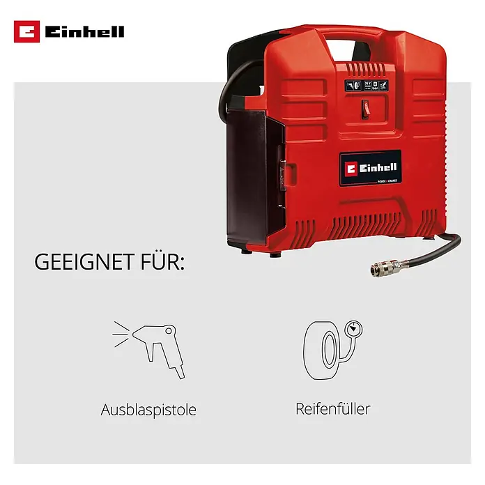 Einhell Power X-Change 18V Akku-Kompressor TE-AC 36/8 Li OF Set-Solo - 18 V, Ohne Akku, 8 bar - Roter Einhell Power X-Change Kompressor/Inflator, kompakt, tragbar, für Ausblaspistole und Reifenfüller geeignet.