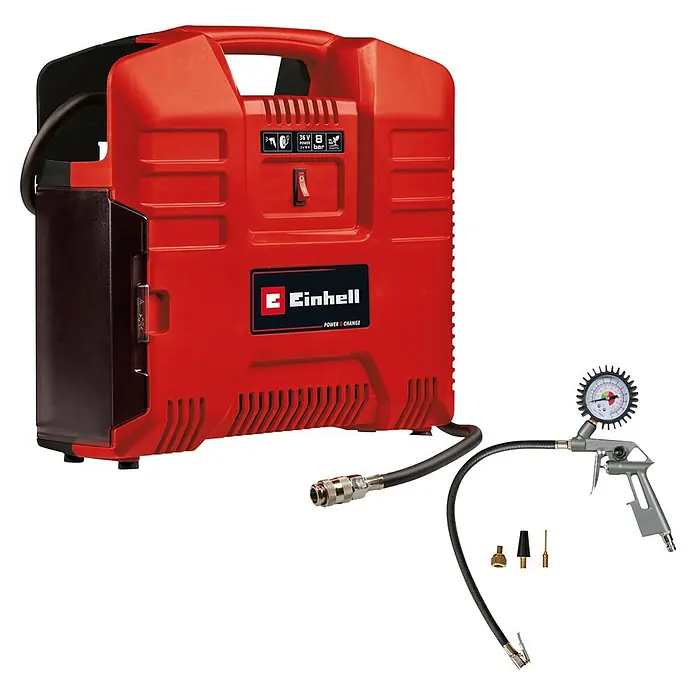 Einhell Power X-Change 18V Akku-Kompressor TE-AC 36/8 Li OF Set-Solo - 18 V, Ohne Akku, 8 bar - Roter Einhell Power X-Change Luftkompressor mit Manometer, Schlauch und drei Düsen zum Aufpumpen.