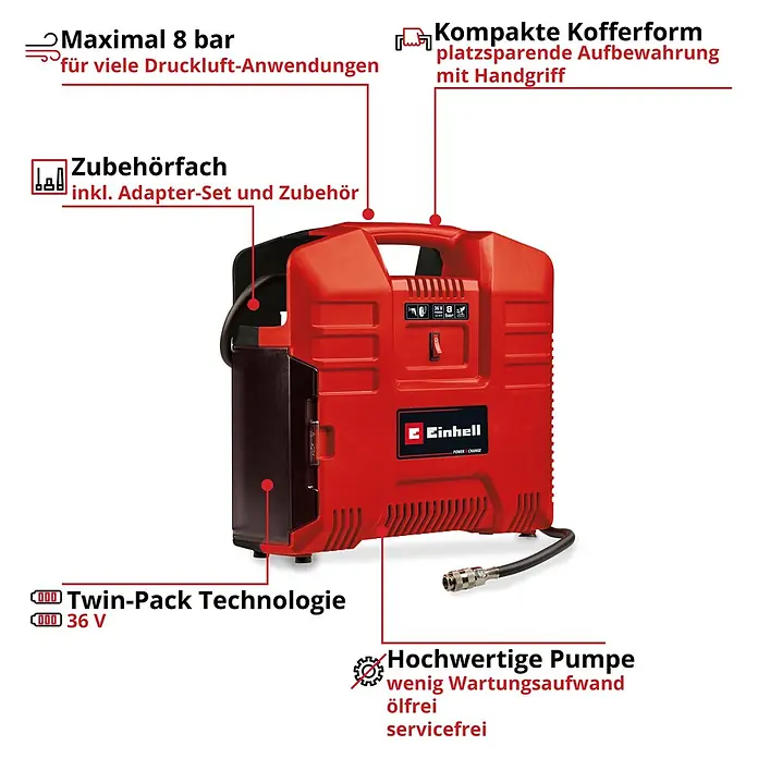 Einhell Power X-Change 18V Akku-Kompressor TE-AC 36/8 Li OF Set-Solo - 18 V, Ohne Akku, 8 bar - Roter und schwarzer 36V tragbarer Luftkompressor mit 8 bar Druck, integriertem Zubehörfach und kompakter Form.
