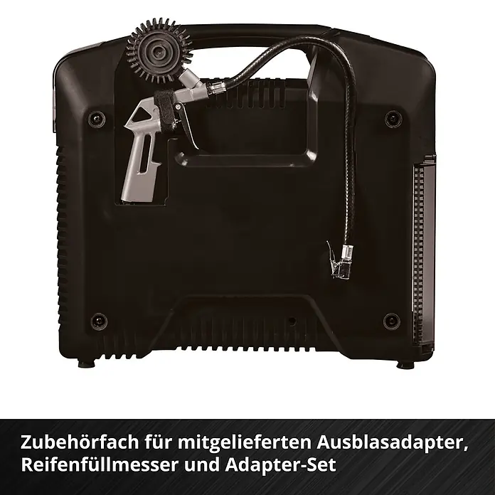 Einhell Power X-Change 18V Akku-Kompressor TE-AC 36/8 Li OF Set-Solo - 18 V, Ohne Akku, 8 bar - Schwarzer Luftkompressor mit angeschlossener Blaspistole, Schlauch und Inflatoraufsatz. Mit Zubehörfach.