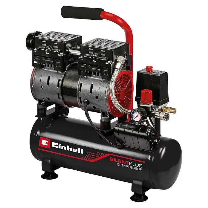 Einhell Expert Plus Flüsterkompressor TE-AC 6 Silent - Max. Druck: 8 bar, 6 l - Schwarzer und roter Einhell SilentPlus Kompressor mit Tank, zwei Motoren und Druckanzeigen.