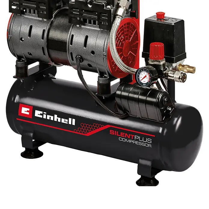 Einhell Expert Plus Flüsterkompressor TE-AC 6 Silent - Max. Druck: 8 bar, 6 l - Einhell SilentPlus Kompressor: schwarzer Tank, grauer Motor, rote Details, Manometer und Schnellkupplungen.
