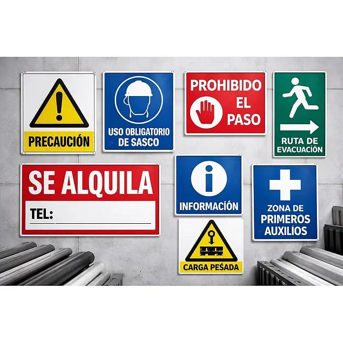 Cartel - Amarillo/Negro, Caídas distinto nivel - Señales industriales de seguridad e información en español, con advertencias, obligaciones, prohibiciones y rutas de evacuación.