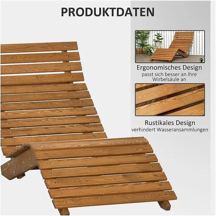 Outsunny Gartenliege - Teak, Holz - Braune hölzerne ergonomische Latten-Chaiselongue.