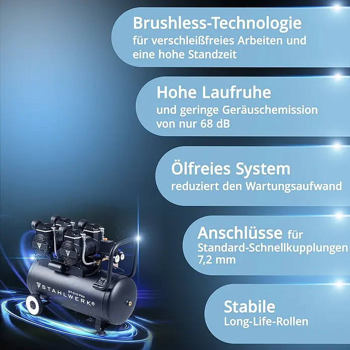 STAHLWERK Kompressor 10 bar Druckluft Set Spiralschlauch Reifenfüller Verteiler -  - Ein schwarzer STAHLWERK ST-510 PRO Kompressor mit bürstenloser, ölfreier Technologie, geringer Lautstärke, 7,2mm Schnellkupplungen und stabilen Rollen.