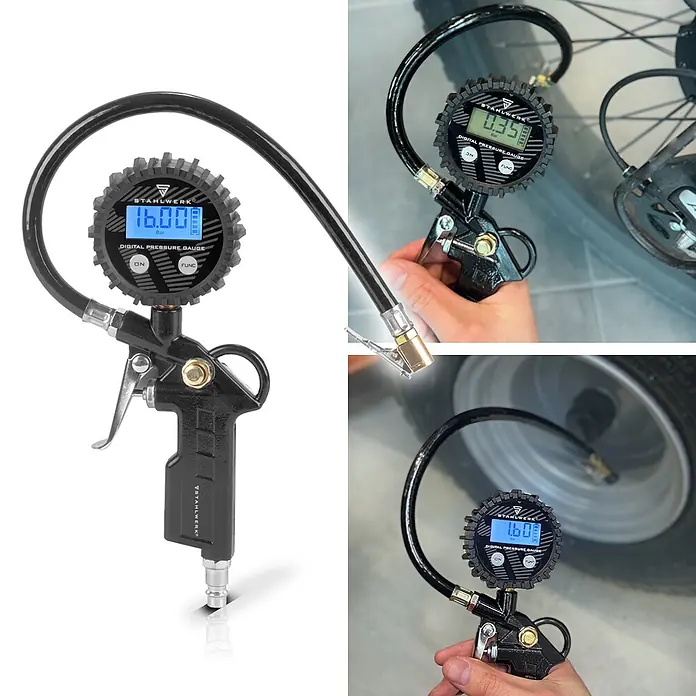 STAHLWERK Kompressor ST-2810 Pro Vollausstattung - Max. Druck: 10 bar - Schwarzer digitaler Reifendruckmesser und -füller, auch an Reifen gezeigt.