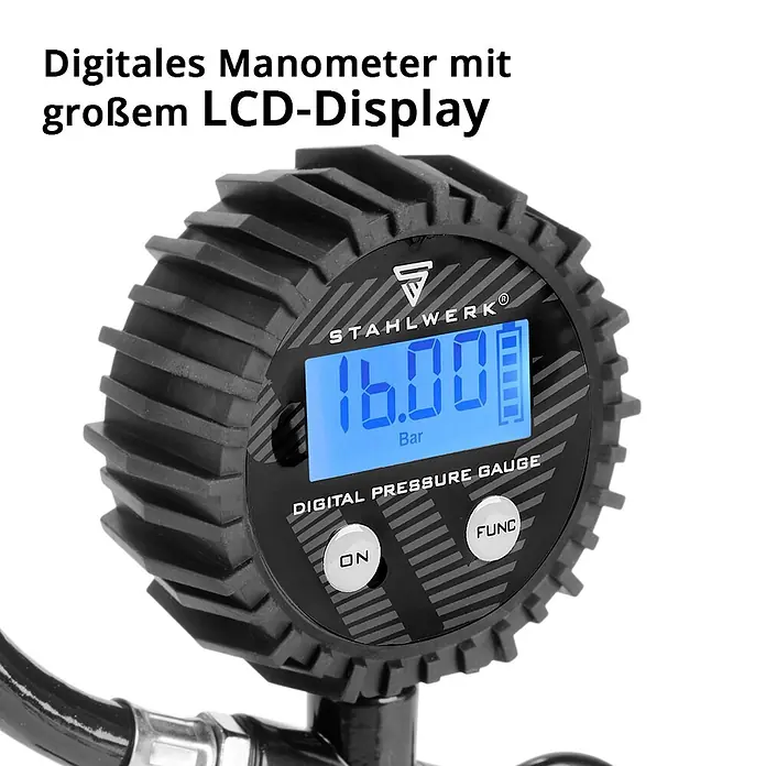 STAHLWERK Kompressor ST-2810 Pro Vollausstattung - Max. Druck: 10 bar - Schwarzes digitales Manometer mit geripptem Gehäuse und blauem LCD-Display, das '16.00 Bar' anzeigt.