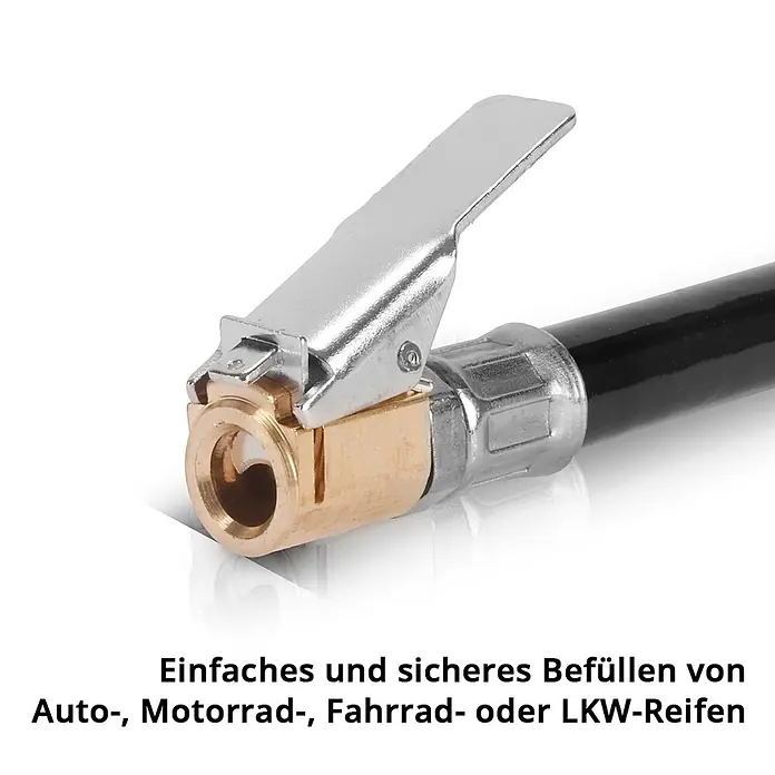 STAHLWERK Kompressor ST-2810 Pro Vollausstattung - Max. Druck: 10 bar - Ein Reifenventilanschluss aus Messing und verchromtem Metall mit schwarzem Schlauch zum Befüllen von Fahrzeugreifen.