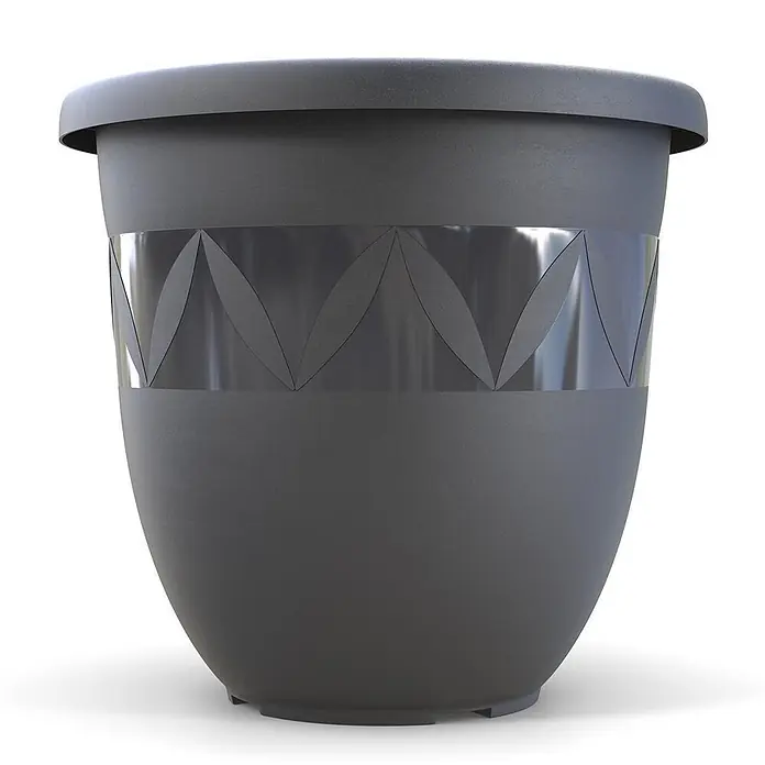 Plastard Pflanztopf Capri 5er Set - Außenmaß (Ø x H): 30 x 25 cm, Kunststoff, Anthrazit - Anthrazitfarbener Kunststoff-Pflanztopf mit glänzendem, geometrischem Zierband.