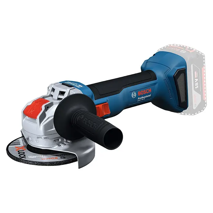 Bosch Professional AMPShare 18V Akku-Winkelschleifer GWX 18V-8 Solo - Ohne Akku, Durchmesser Scheibe: 125 mm - Ein blauer und schwarzer Bosch Professional Akku-Winkelschleifer mit silbernem Kopf, X-LOCK-Scheibe und Zusatzhandgriff.