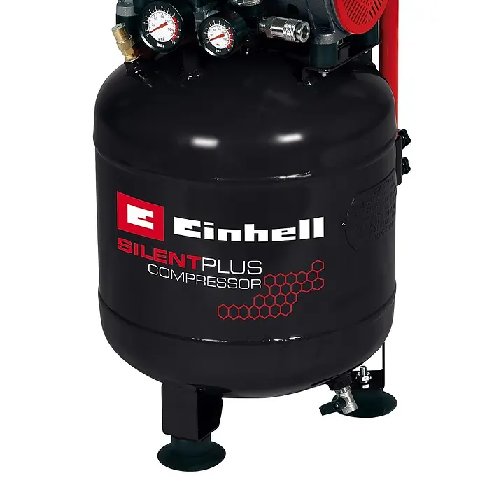 Einhell Flüsterkompressor TE-AC 135/24 Silent Plus - 750 W, Max. Druck: 8 bar, 24 l - Schwarzer Einhell Silent Plus Luftkompressor mit roten Akzenten und sichtbaren Druckanzeigen, auf Gummifüßen stehend.