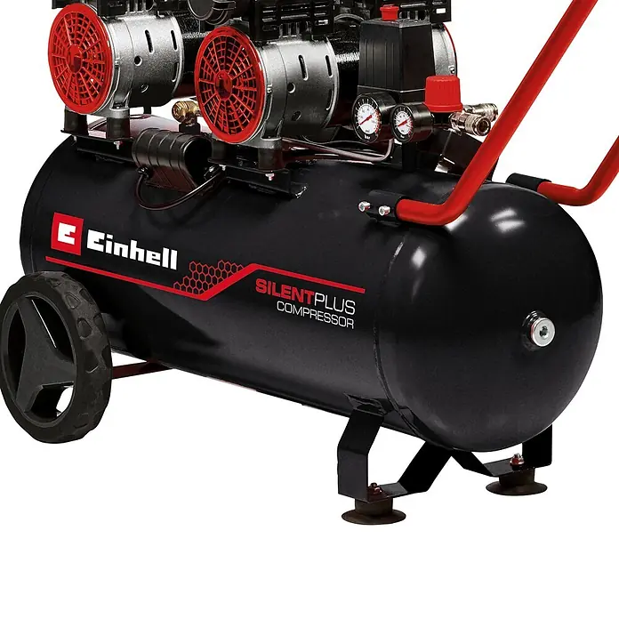 Einhell Expert Plus Flüsterkompressor TE-AC 50 Silent - Max. Druck: 8 bar, 50 l - Ein schwarzer SilentPlus Luftkompressor mit rotem Griff, Lüfterabdeckungen, silbernen Einheiten und Rädern für einfachen Transport.